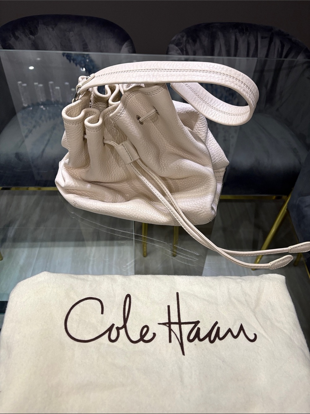 Cole Haan Cream Pebbled Leather Drawstring Bucket Bag